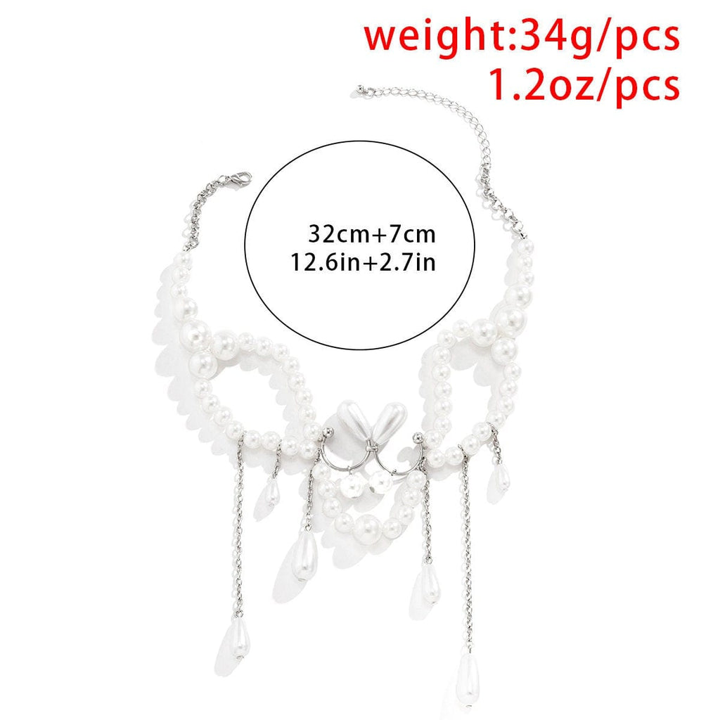 Bohemia Abstract Pattern Pearl Chain Tassel Choker Necklace