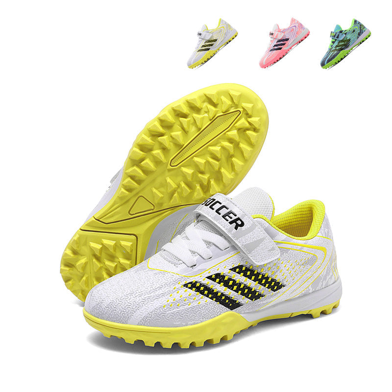 Kids TF Turf Soccer Cleats, Hook-and-Loop Strap Easy-On Dotted Camo Three Stripes Synthetic Leather Football Shoes, Non-Marking Short Pyramid Rubber Training Cleats for Children Indoor Hard Courts & Short Artificial Turf-zusheng5988