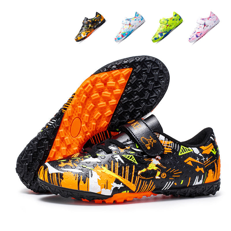 Turf Soccer Cleats, Hook and Loop Strap Easy On Cartoon Football Player Graffiti Print Football Shoes, Non-Mapping Grid Rubber Training Cleats for Children Indoor Courts & Short Artificial Turf-Hxh-K01