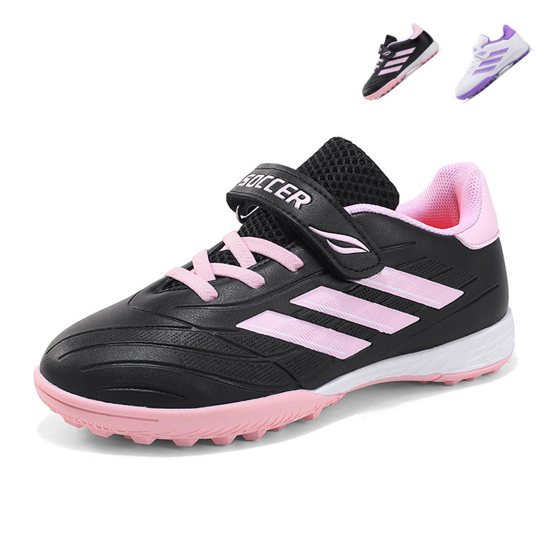 TF Turf Soccer Cleats, Hook-and-Loop Strap Easy On Three Stripes Embossed Synthetic Leather Football Shoes, Non-Marking Pyramid Short Rubber Training Cleats for Children Indoor Hard Courts & Short Artificial Turf-zusheng288