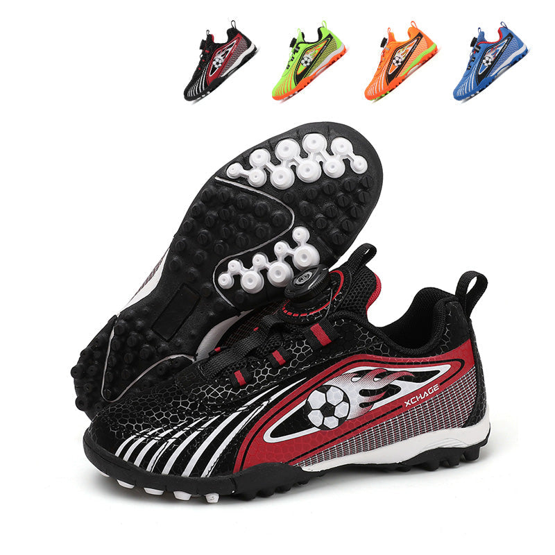 TF Turf Soccer Cleats, Rotary Knob Auto Quick Lace Honeycomb Textured Flame Football Graphic Shoes, Non-Marking Pyramid Short Rubber Training Cleats for Children Indoor Hard Courts & Short Artificial Turf-junhao72008