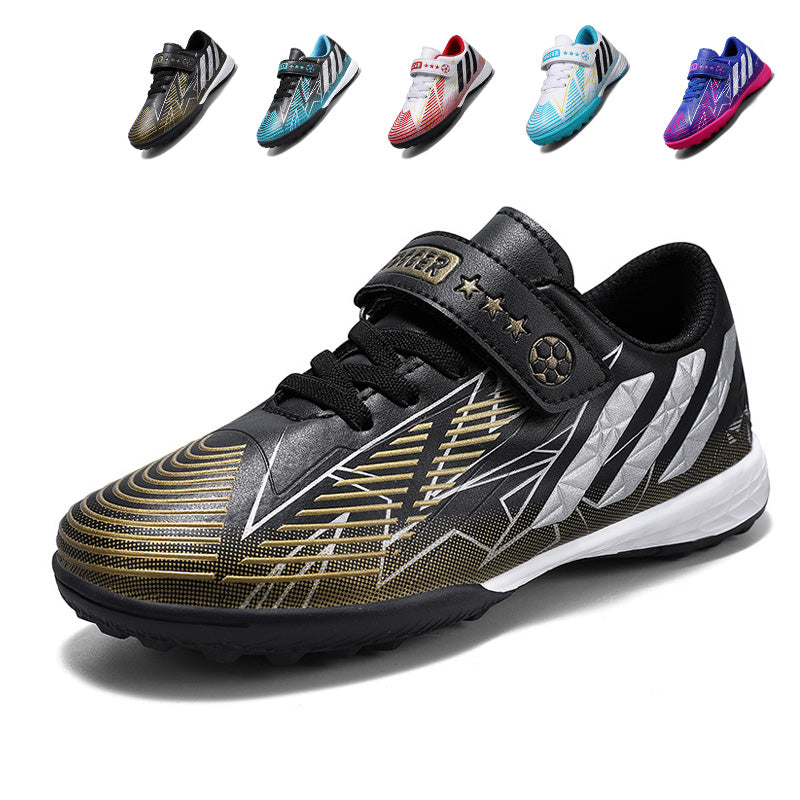 TF Turf Soccer Cleats, Hook-and-Loop Strap Easy-On Geometric Gradient Synthetic Leather Three Stripes Football Shoes, Non-Marking Pyramid Short Rubber Training Cleats for Children Indoor Hard Courts & Short Artificial Turf-junhao-WH2288