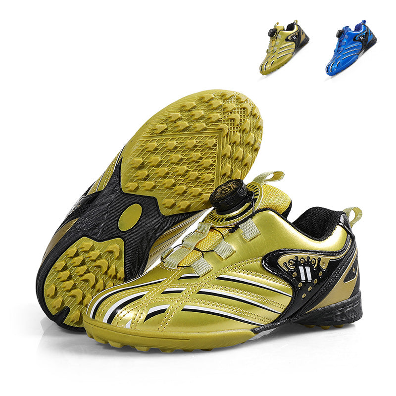 TF Turf Soccer Cleats, Rotary Knob Auto Quick Lace Glossy Striped Synthetic Leather Football Shoes, Non-Marking Grid Rubber Training Cleats for Children Indoor Courts & Short Artificial Turf-Xinma3028