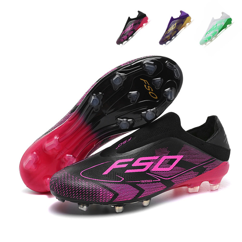 Youth Slip-On Laceless AG Soccer Cleats,  Sock Knit F50 FiberTouch Gradient Grid Print Football Boots, Transparent Gradient Conical Hard Stud Professional Competition Cleats for Natural Grass & Long-Pile Artificial Turf-junhao8850