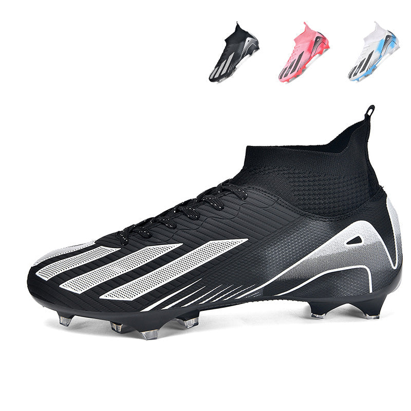 AG Artificial Grass Soccer Cleats, High-Top Knit Football Shoes, Three-Stripe Gradient Print Anti-Slip Athletic Boots for Synthetic Turf-Hxh2619F