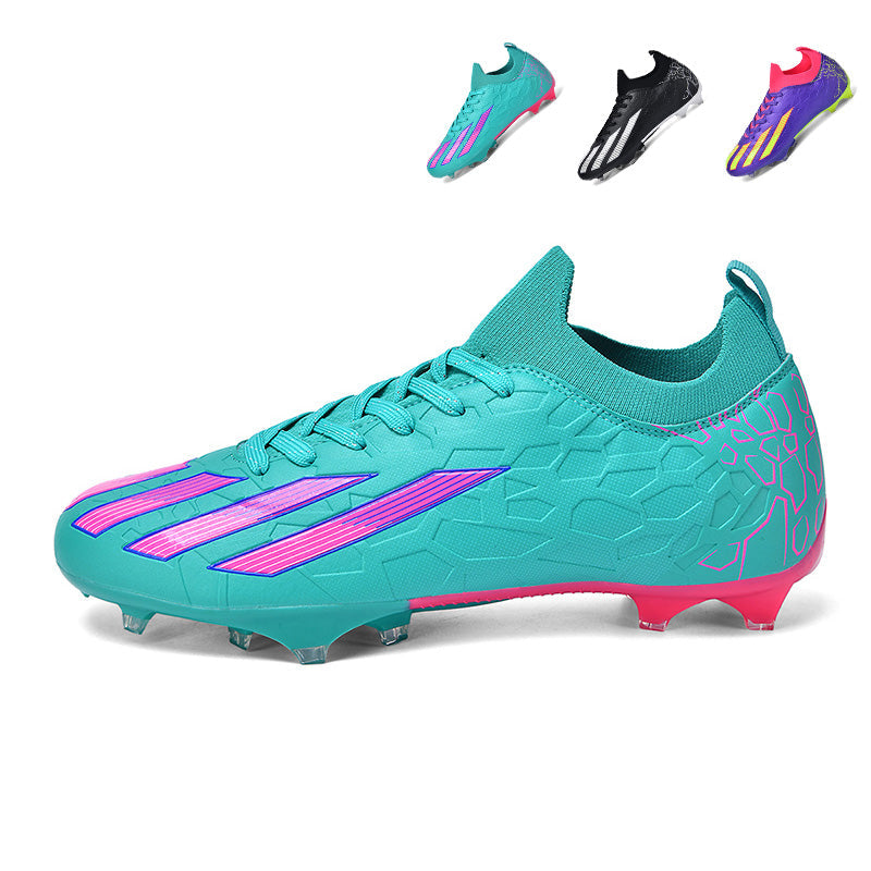AG Artificial Grass Soccer Cleats, Mid-Top Knit Football Shoes, Three-Stripe &amp; Hexagon Print Anti-Slip Athletic Boots for Synthetic Turf-Hxh2618F