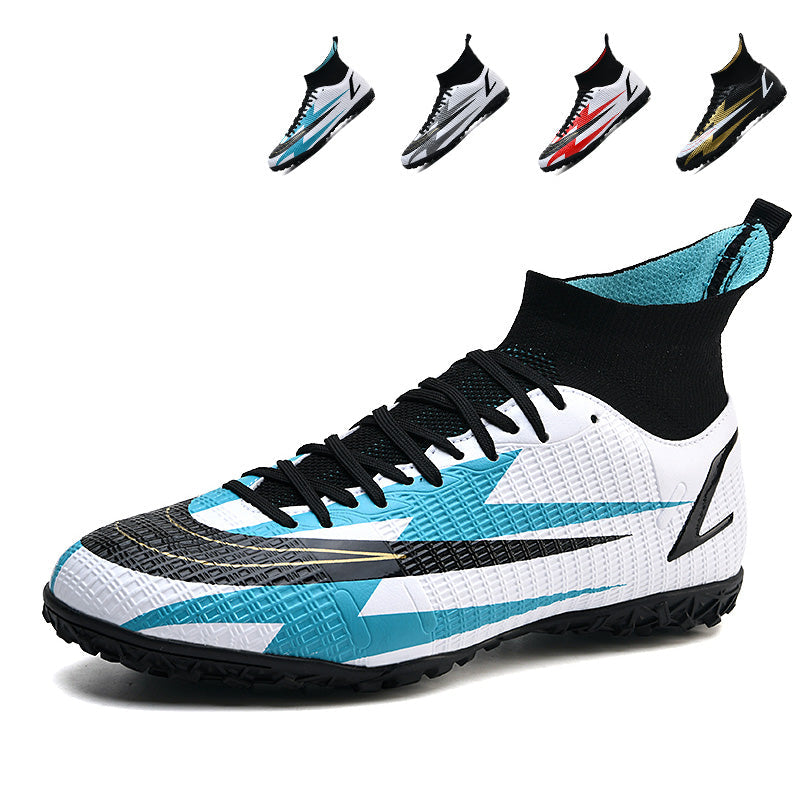 High Ankle Sock TF Turf Soccer Cleats, Lace-Up Grid Textured Synthetic Leather Lightning Arrow Graphic Football Boots, Non-Marking Dense Spike Rubber Training Shoes for Indoor Hard Courts & Short Artificial Turf-xinma2177-1