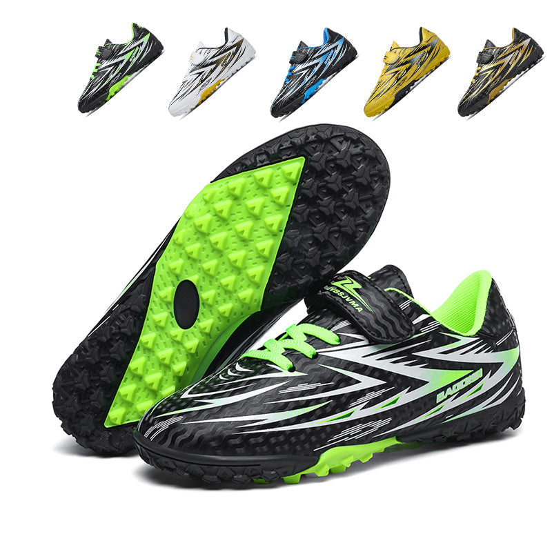 TF Turf Soccer Cleats, Velcro Easy-On Hidden Elastic Laces Wavy Ripple Synthetic Football Boots, Sharp Arrow Graphic BAODISI Logo Lightweight Youth Training Shoes for Indoor Hard Courts & Short Artificial Turf-zusheng196-1