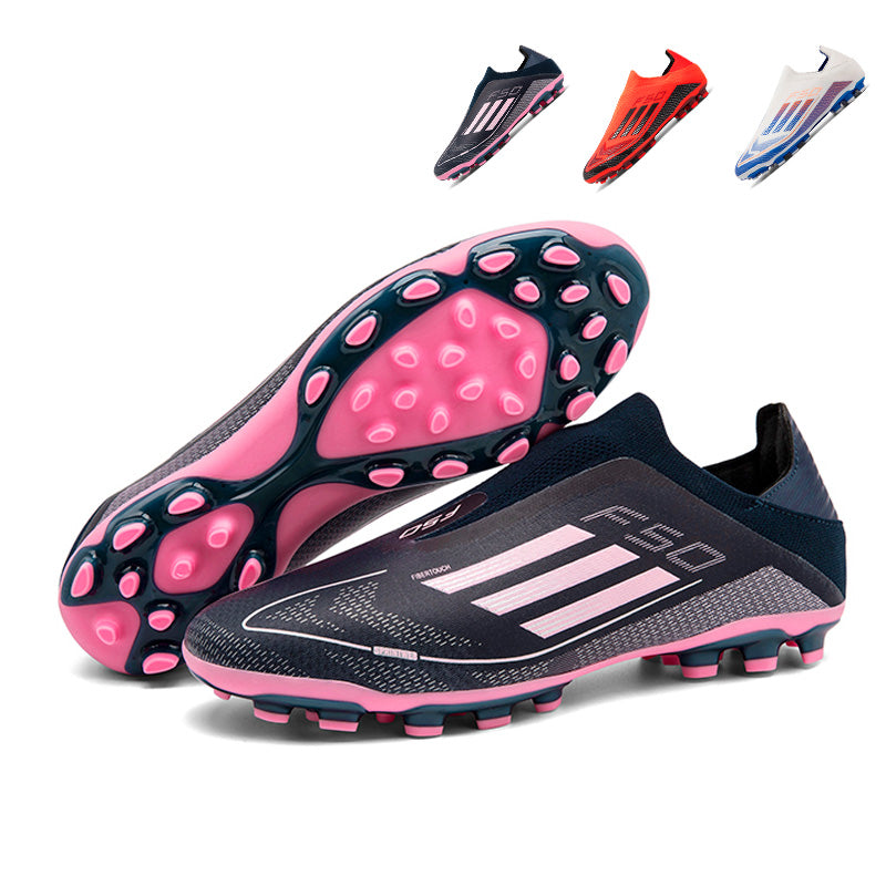 Laceless Slip-On AG Soccer Cleats, Seamless Stretch Knit FIBERTOUCH Upper SPRINTWEB Three Stripes Football Boots, Gradient F50 Logo Conical Stud Competition Shoes for Outdoor Long-Blade Artificial Turf Matches-zusheng966