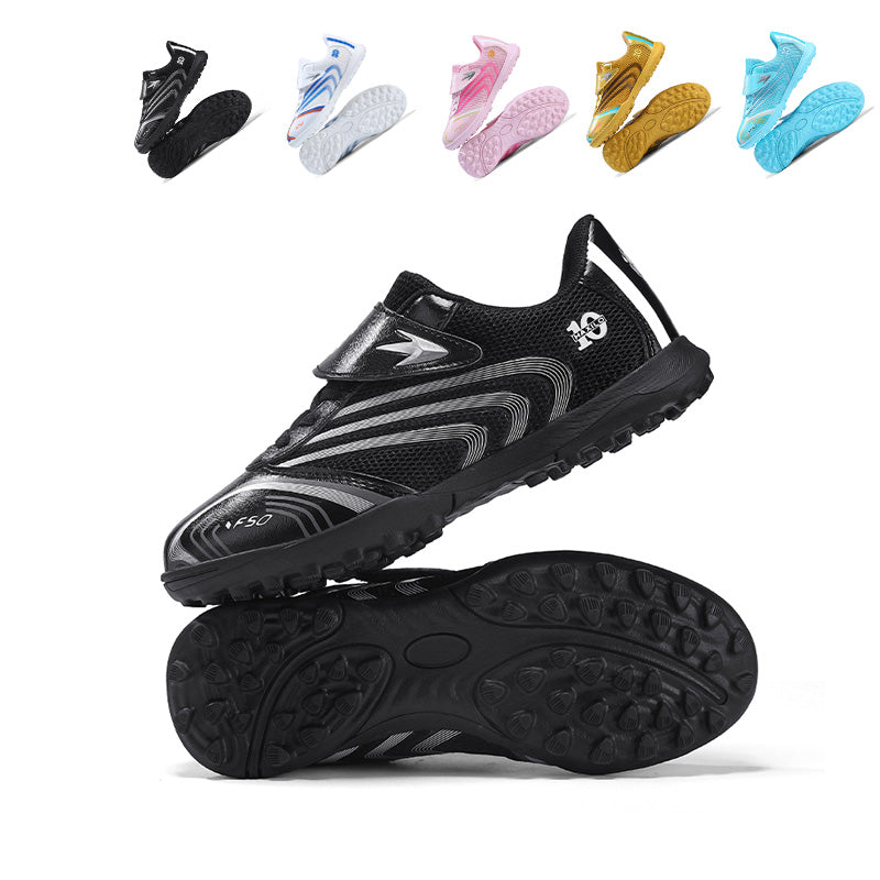 Turf Soccer Cleats, Velcro Easy-On Hidden Elastic Laces Breathable Mesh F50 Curved Gradient Line Football Boots, Lightweight Non-Marking Training Shoes for Indoor Hard Courts & Short Artificial Turf-Yinzu2653