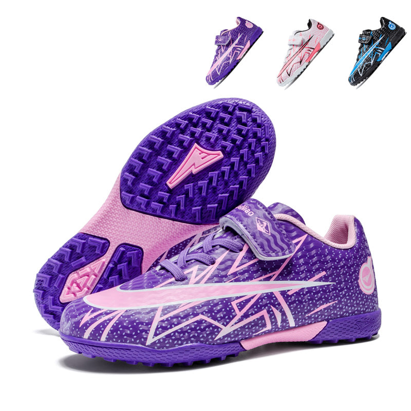 TF Turf Soccer Cleats, Velcro Easy-On Hidden Elastic Laces Wavy Texture Synthetic Football Boots, Geometric Arrow Graphic Circular Logo Lightweight Youth Training Shoes for Indoor Hard Courts & Short Artificial Turf-zusheng--X2512-1