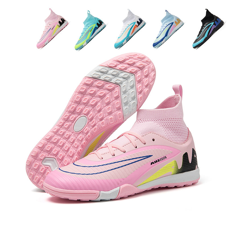Hight Knit Collar TF Turf Soccer Cleats, Lace-Up Vertical Rib Synthetic Football Boots, Gradient AIR2026 Letter Print Lightweight Training Athletic Shoes for Indoor Hard Courts & Short Artificial Turf-zusheng-A563