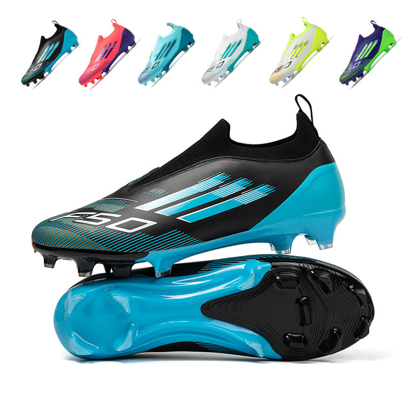 Laceless Slip-On AG Soccer Cleats, Seamless Stretch Knit Sock Collar Linear Speed Line Print F50 Three Stripes Football Boots, Transparent Conical Hard Stud Lightweight Competition Cleats for Outdoor Long-Blade Artificial Turf Matches-Yinzu652