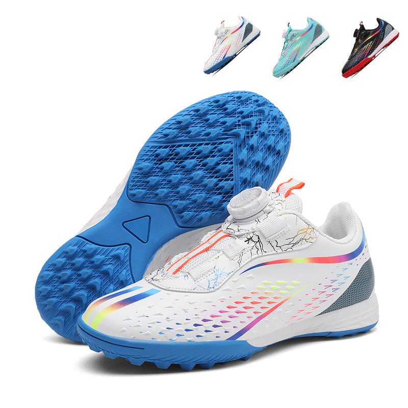 TF Turf Soccer Cleats, Rotary Auto Quick Lock Laces Breathable Perforated Mesh Rainbow Lightning Gradient Football Boots, Non-Marking Pyramid Rubber Training Shoes for Indoor Hard Courts & Short Artificial Turf-Xinma6188