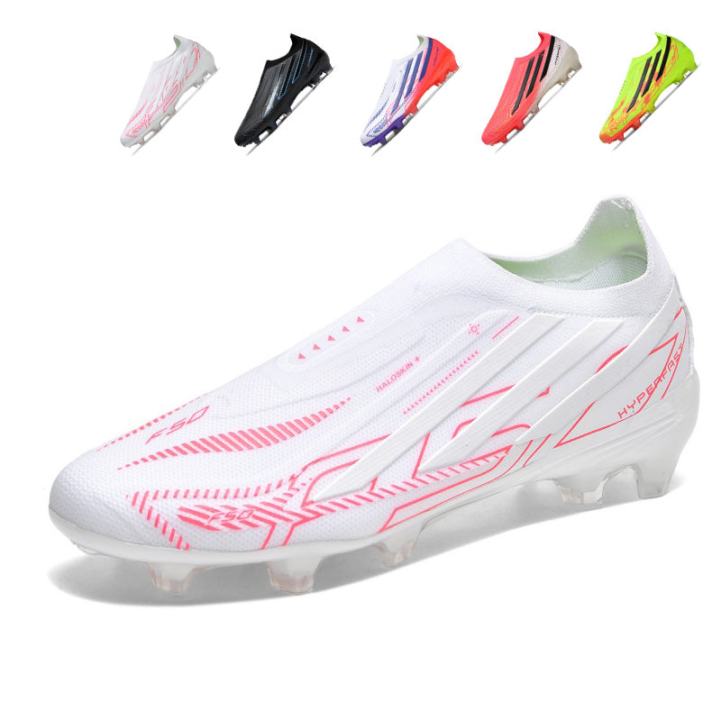Laceless Slip-On AG  Soccer Cleats, Seamless Stretch Knit  Upper Gradient Three Stripes Football Boots, F50  Logo Transparent Conical Stud Competition Cleats for Outdoor Long-Blade Artificial Turf Matches-Yinzu-T42