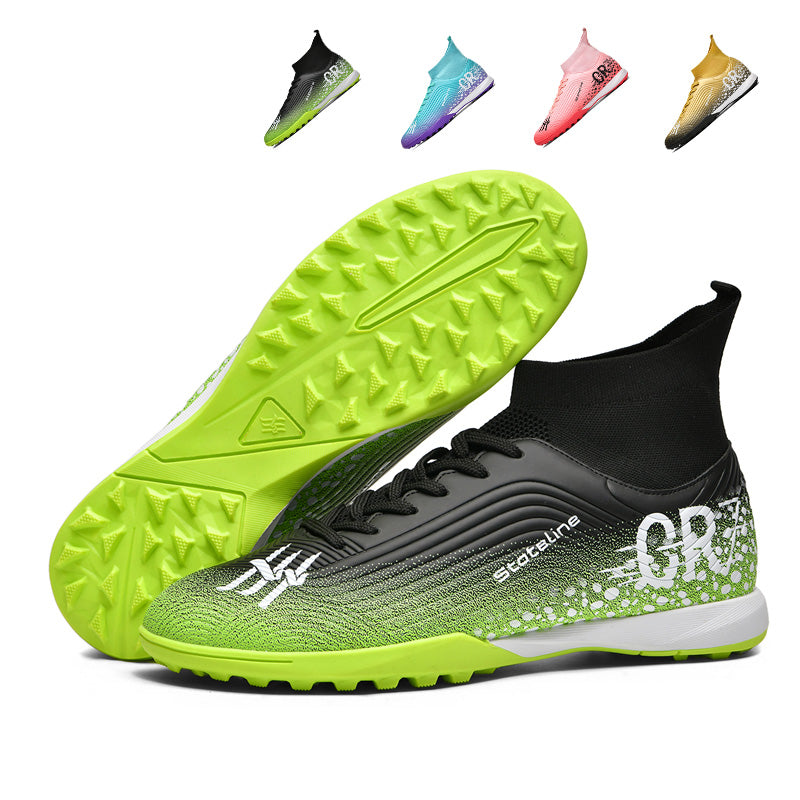 Youth High Sock Collar TF Turf Soccer Cleats, Lace-Up Gradient Speckle Wavy Knit CR7 Graphic Football Shoes, Non-Marking Block Short Rubber Training Cleats for Indoor Hard Courts & Short Artificial Turf-ysxd-ZJ887