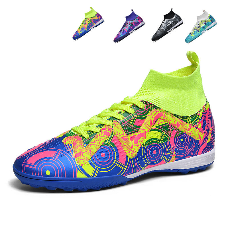 TF Turf Soccer Cleats, Sock‑Collar High‑Ankle Lace‑Up Turf Football Boots, Geometric Graffiti Print Upper TF‑Stud Soccer Shoes for Adult & Youth Artificial Turf Training & Competition, Multi‑Color Options-xile600