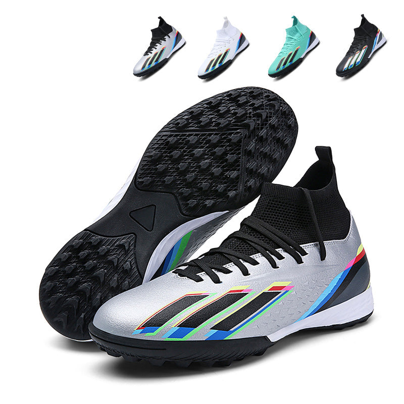 Youth High Sock Collar TF Turf Soccer Cleats, Lace-Up Embossed Dot Synthetic Leather Rainbow Three Stripes Graphic Football Shoes, Non-Marking Square Pyramid Short Rubber Training Cleats for Indoor Hard Courts & Short Artificial Turf-ysxd2366