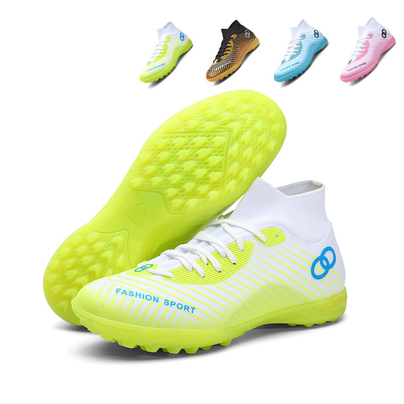 High Sock TF Turf Soccer Cleats, Lace-Up Gradient Linear Stripe Synthetic Football Boots, Double Ring Logo Lightweight Training Athletic Shoes for Indoor Courts & Short Artificial Turf-zusheng-X806-1