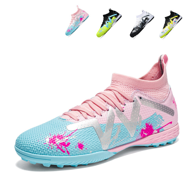 Youth Mid Cut Sock TF Turf Soccer Cleats, Lace-Up Textured Knit Upper Splatter Graffiti W Shape Graphic Football Boots, Non-Masking Short Stud Rubber Training Shoes for Indoor Hard Courts & Short Artificial Turf-Xinma99K-3