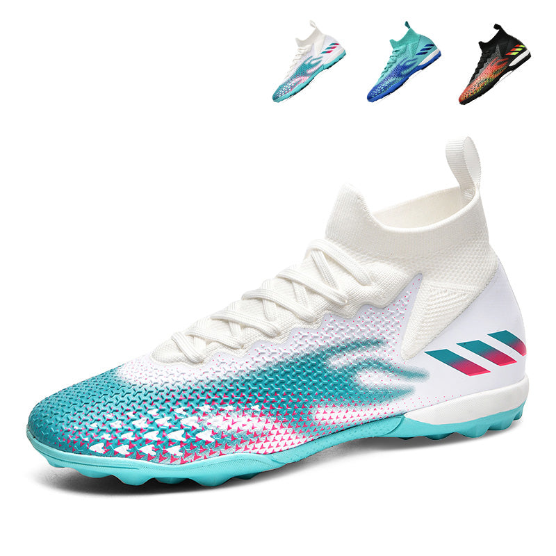 Youth High Sock Collar TF Turf Soccer Cleats, Lace-Up Gradient Triangle Textured Knit Three Stripes Graphic Football Shoes, Non-Marking Square Pyramid Rubber Training Cleats for Indoor Hard Courts & Short Artificial Turf-junhao98K