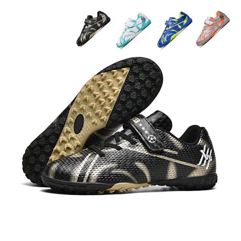 TF Turf Soccer Cleats, Hook-and-Loop Strap Easy-On Honeycomb Mesh Wave Graffiti Football Shoes, Non-Marking Dual-Color Pyramid Rubber Training Cleats for Children Indoor Courts & Short Artificial Turf-zusheng-ZJ885-1