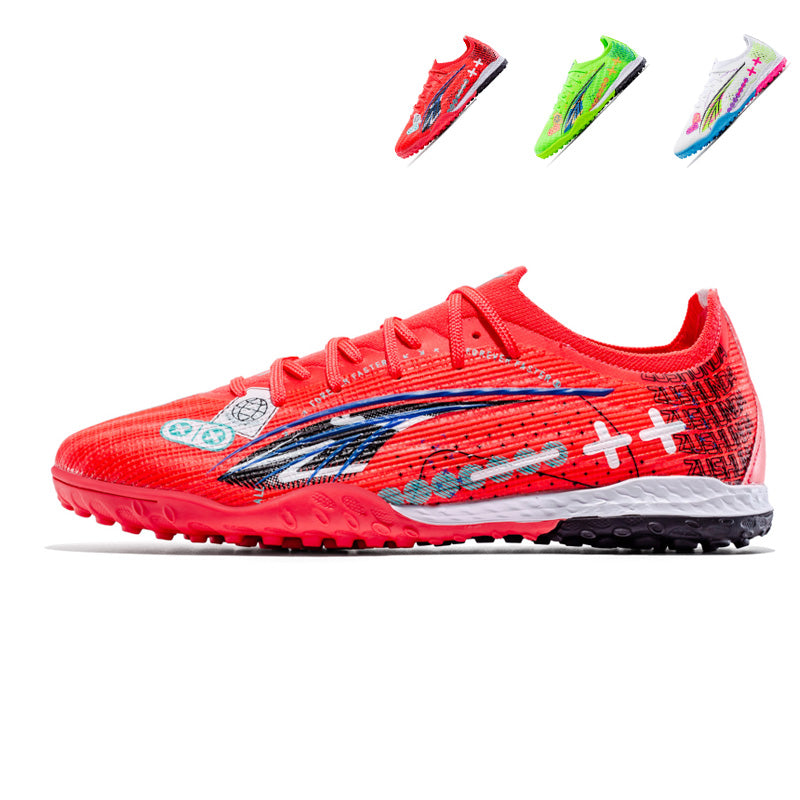 Low Cut TF Turf Soccer Cleats, Lace-Up Ultra-Light Woven Knit Graphic Print Football Boots, Non-Marking Grid Block Rubber Training Shoes for Indoor Hard Courts & Short Artificial Turf-Xinma2295-1